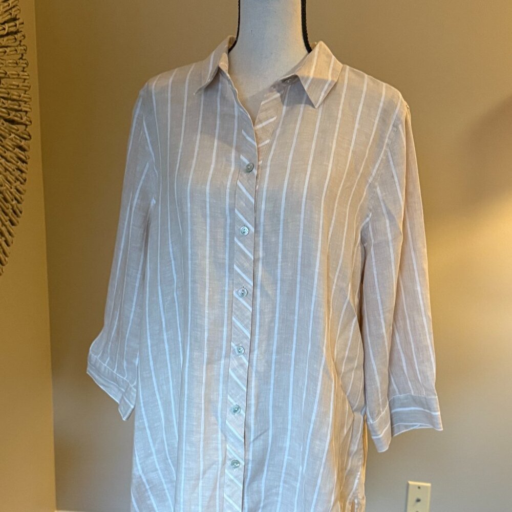 Chicos No Iron Fresh Chic Linen Button Up Top Beige/White Striped | Size 2